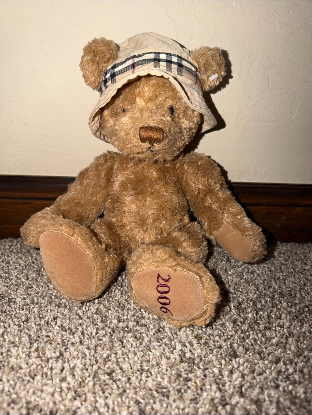 Burberry Fragrance 2006 Teddy Bear Plush Nova Check Rain Hat 11” Soft Cuddly